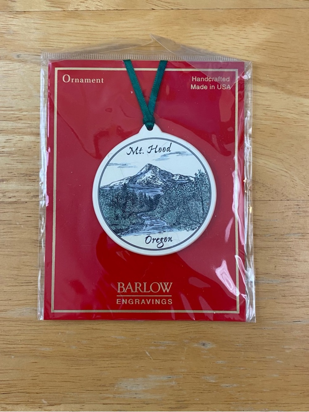 Barlow Mt. Hood Oregon Ceramic Ornament with Green Ribbon Accent